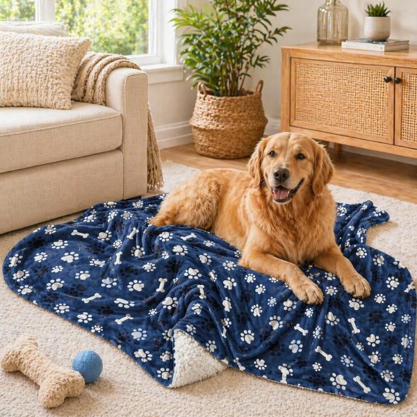 Waterproof Reversible Sherpa Fleece Pet Blanket, Sofa & Bed Protector, 40x30", Blue