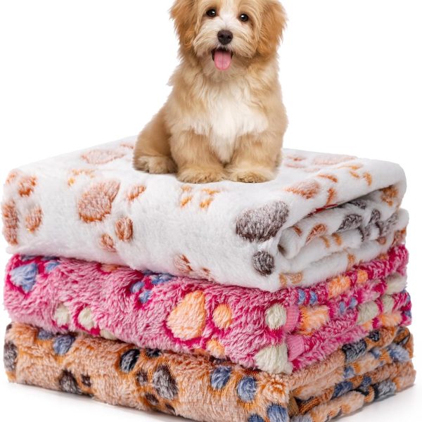 3-Pack Fluffy Fleece Pet Blankets, Soft Flannel Throws for Cats & Dogs, Small 23x16", Paw Print Pattern