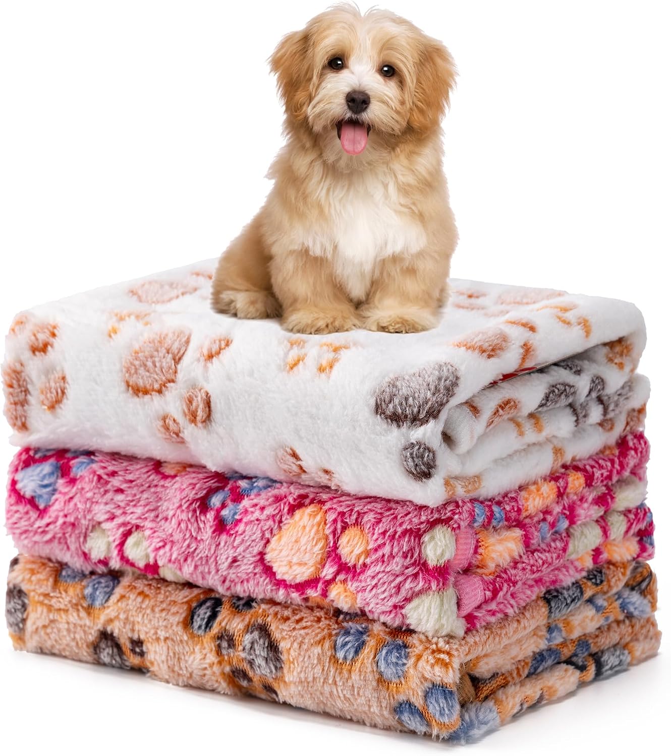3-Pack Fluffy Fleece Pet Blankets, Soft Flannel Throws for Cats & Dogs, Small 23x16", Paw Print Pattern