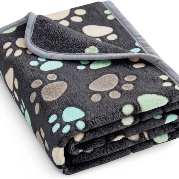 Fluffy Flannel Pet Blanket, Washable Paw Print Throw for Small, Medium & Large Dogs & Cats, 30x20"