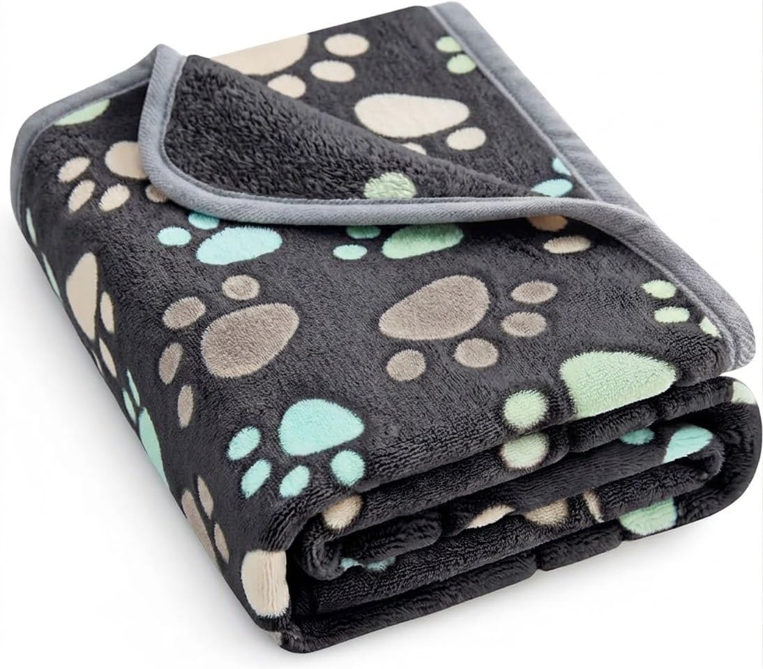 Fluffy Flannel Pet Blanket, Washable Paw Print Throw for Small, Medium & Large Dogs & Cats, 30x20"