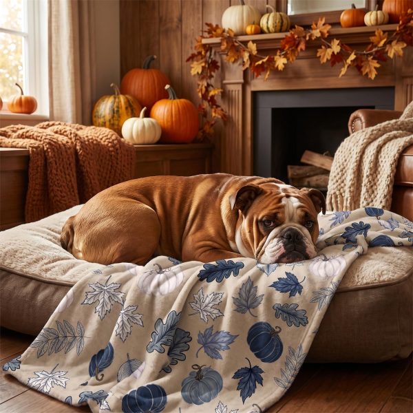 Blue Pumpkin Leaves Flannel Pet Blanket, Soft Fall-Themed Decorative Throw, 30x40"